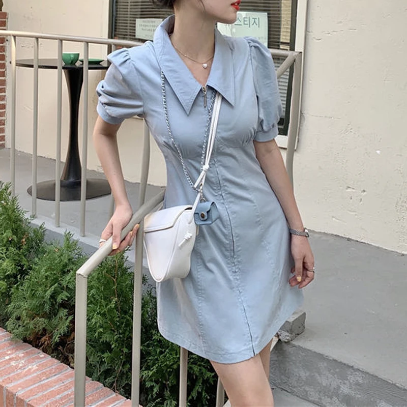 Women Korean Fashion Polo Collar Solid Sweet Chic Zipper Mini Dress 2024 Summer Casual Short Sleeve Slim Dresses Elegant Vestido