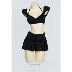 Meowcos Women Gothic Black Vintage Style Two-Piece Swimsuit Halter Short Top and Swim Skirt Bathing Suit