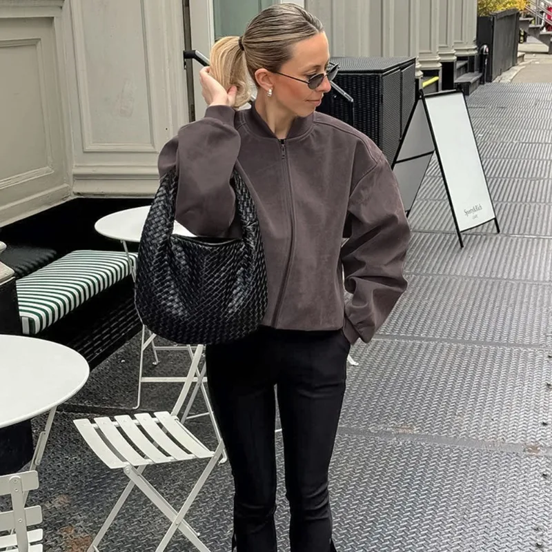 Talenza Women Grey Jacket Retro Fashion Streetwear Long Sleeve Coats Autumn Pilot Zipper Jacket Loose Chic Office Female Jacket