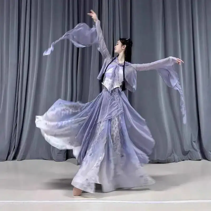 New 4-Piece Classical Dance Costume Ombre Fairy Chiffon Top with Flared Sleeves & Gradient Skirt Set Performance Practice Outfit