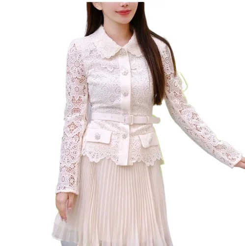 

Elegant Female Dresses Beige Lace Lapel Long Sleeve Single Breasted Office Mini dress