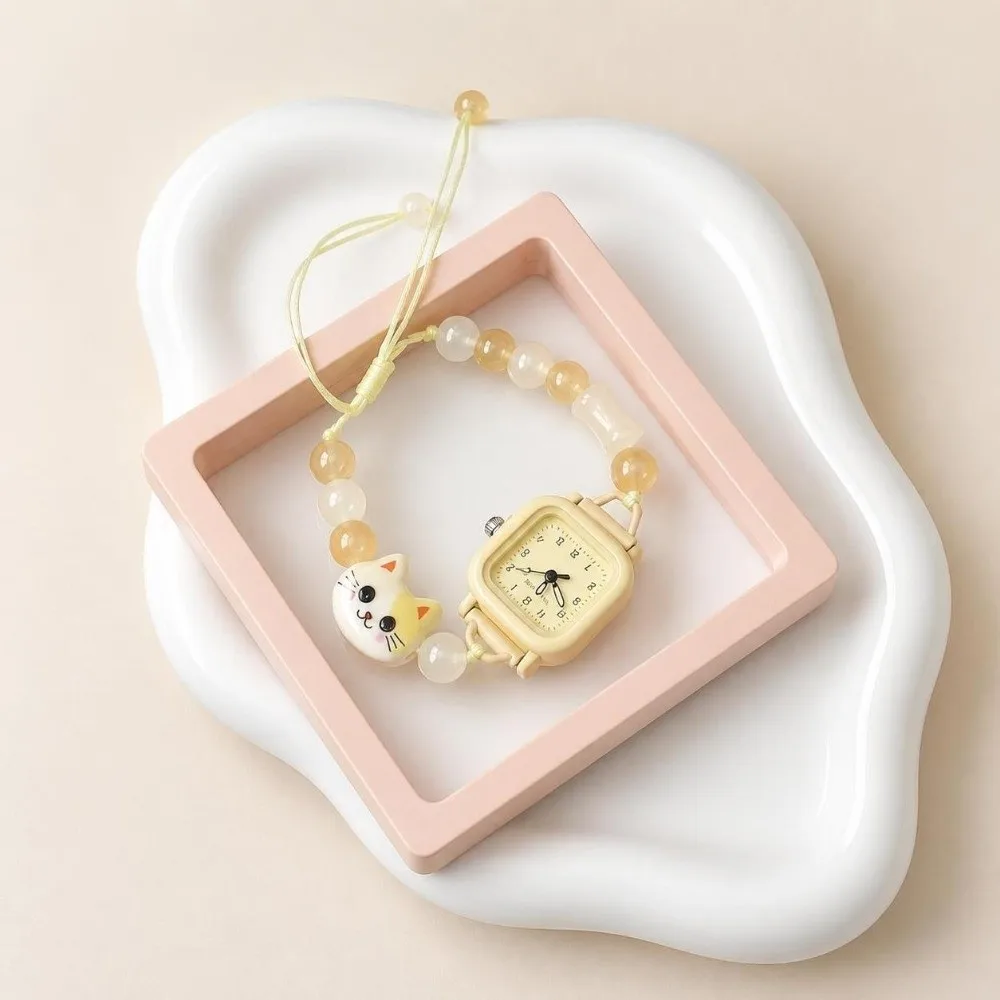 Fashion Adjustable Bracelet Watch Beaded Cute Chain Watch Cartoon Cat Quartz Watch for Women Girls