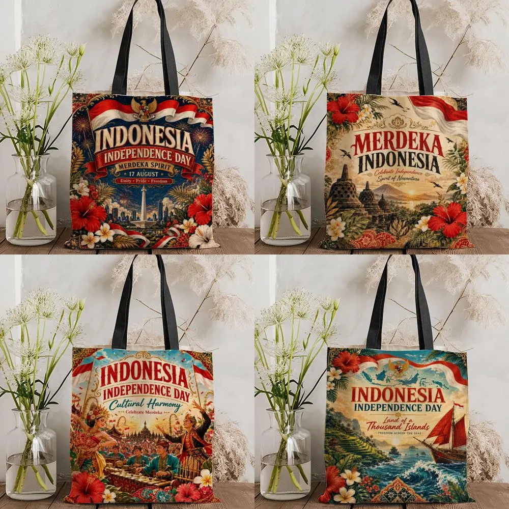 Aufbewahrungstaschen zum indonesischen Unabhängigkeitstag, doppelseitig bedruckte Canvas-Tragetasche, umweltfreundliche, wiederverwendbare Handtasche mit großem Fassungsvermögen