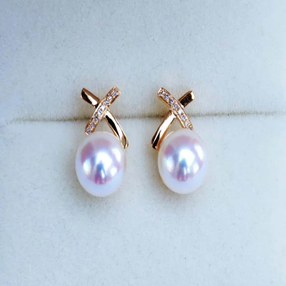 Beautiful Pearl Earrings AAAA++8-9mm Natural Akoya White Round Pearl Earrings 18k/AU750