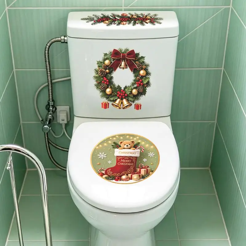 Christmas Toilet Stickers Removable Wreath Bear Decals Waterproof Bathroom Xmas Home Decor