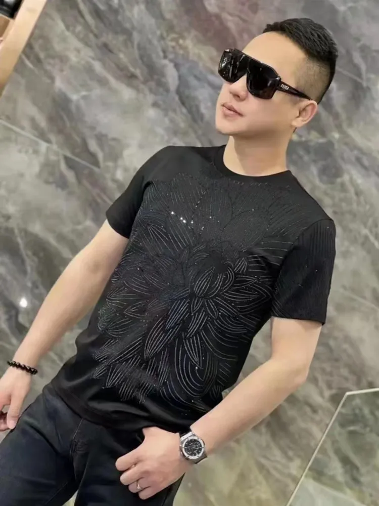 Summer New Flower Diamonds O-Neck Short Sleeve Tees Men High Street Casual Black T Shirt Slim Fit Pullover Tops Male L-4XL