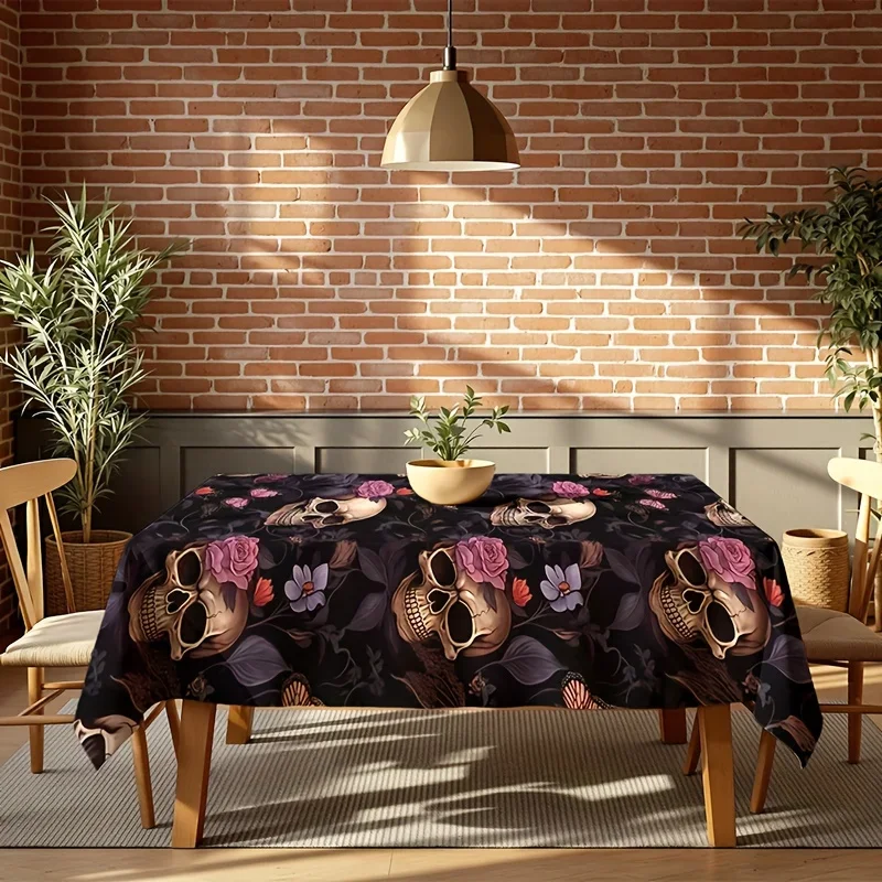 1 piece of romantic skull flower tablecloth. This unique gothic-style tablecloth is suitable for Halloween.xzj