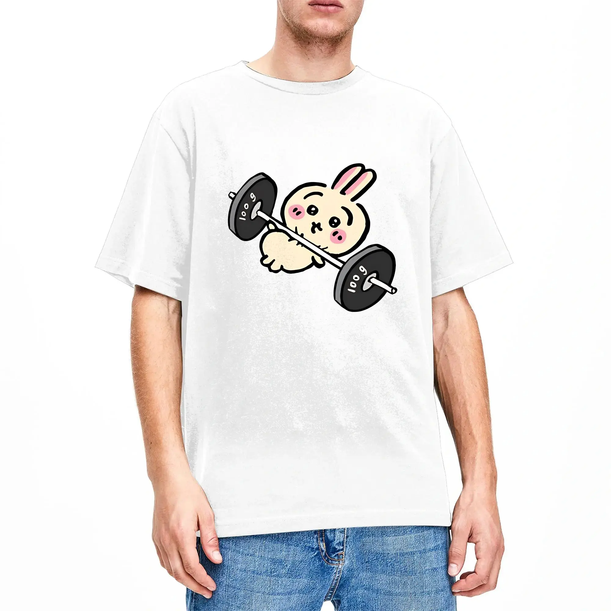 Usagi Chiikawas Gym Workout T-Shirt für Herren, Freizeit-T-Shirt aus reiner Baumwolle, Rundhalsausschnitt, kurzärmeliges T-Shirt, Geburtstagsgeschenk, Oberteile – Detail 4