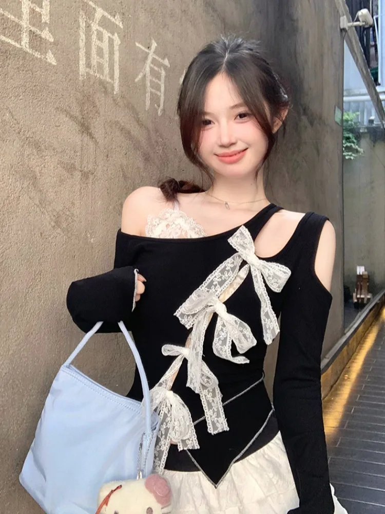 

Slant Neck Off-the-shoulder Sweet and Spicy Lace Fake T-shirt for Women's Pure Desire Design, Bow-showing Thin Long-sleeved Top