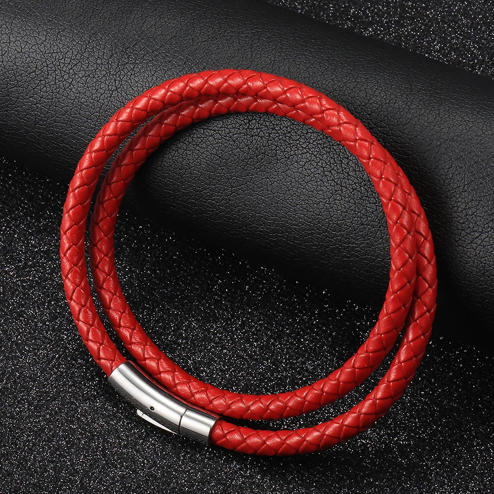 4mm/6mm Man-made Leather Necklace Choker Red Black Brown Braided Rope Chain for Men Boy Male Push Clasp Jewelry Gifts UNM39