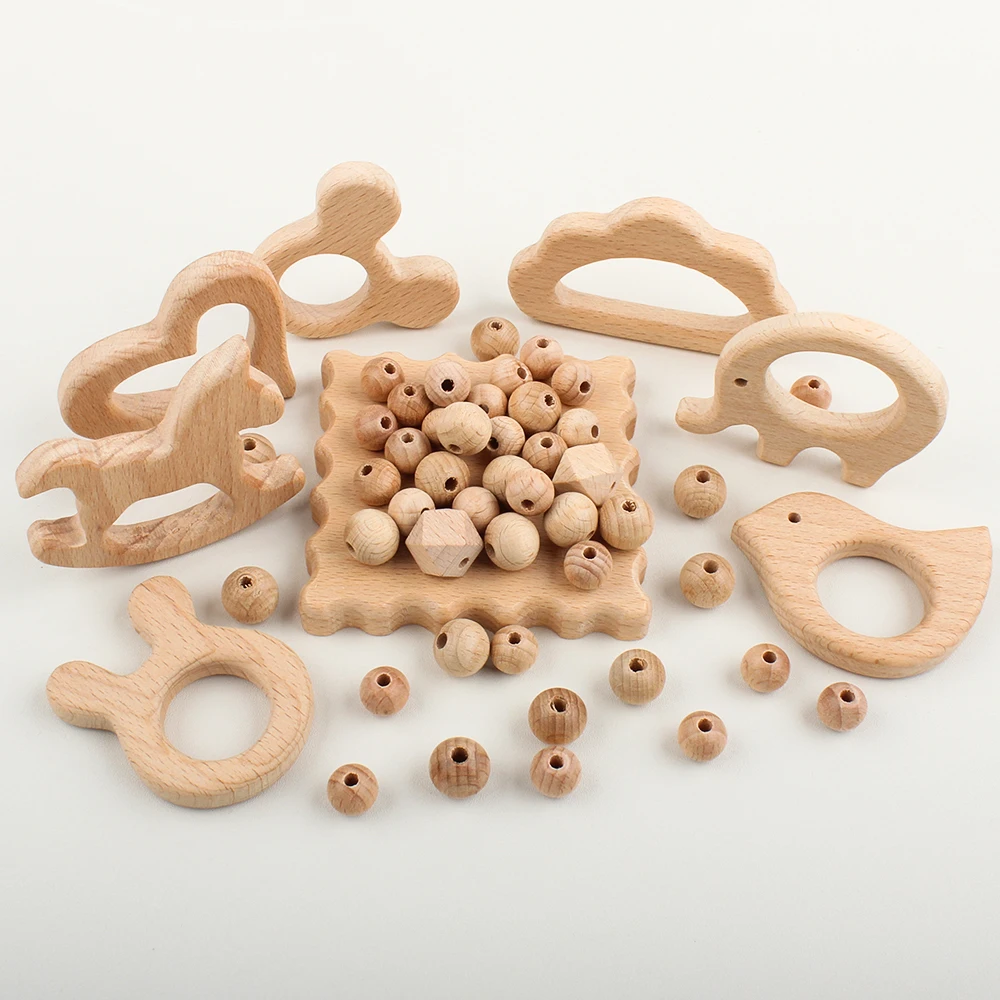 31Pcs/Set Baby Wooden Beads Teether Set Cartoon Animals Shape Natural Beech Wood Beads DIY Pacifier Chain Nursing Accessories