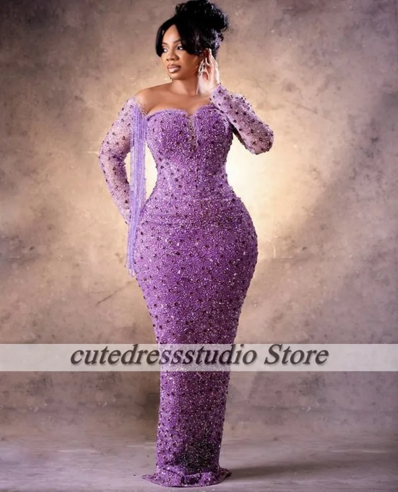 Luxury Nigerian Plus Size Evening Dresses Long Sleeves Beading Purple Mermiad Wedding Party Gowns Aso Ebi Special Occasion Dress