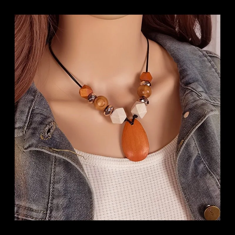 الرجعية العرقية نمط الخشب الطبيعي مطرز قلادة المرأة قطرة الماء الخشبية قلادة الترقوة سلسلة مجوهرات #2