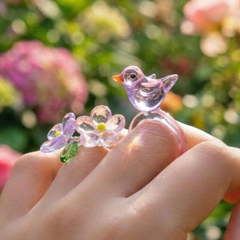 Fashion Handmade Glass Bird Ring Childishness Exquisite Flowers Finger Ring Vintage Cute Coloured Glaze Ring Hipster