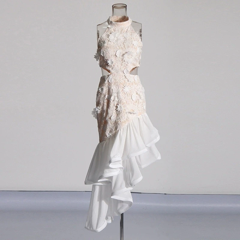 CHICEVER blanc Patchwork Appliques robes de bal pour les femmes licou sans manches taille haute creux élégant robe asymétrique femme