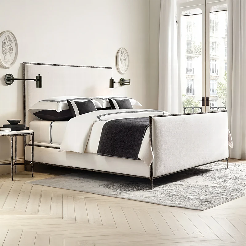 xx-Luxury Custom THADDEUS Fabric Panel Bed Hand-Forged Iron Footboard Queen/King Size Transitional Modern Style Upholstered Beds