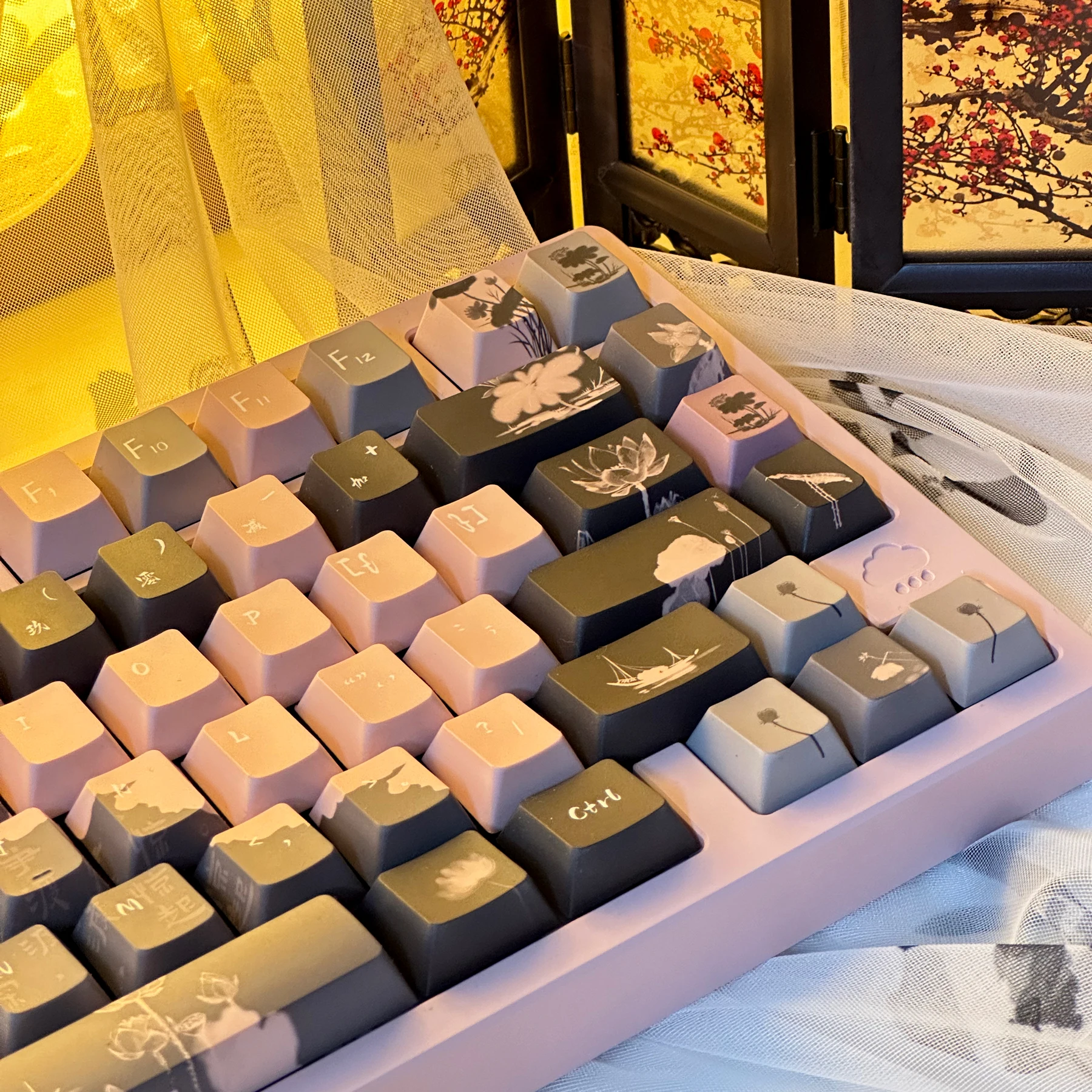 Keycap teclado estilo chinês, sublimação completa de cinco lados, tinta de lótus, rosa, preto, cereja, rumengling, teclado mecânico, 140 teclas