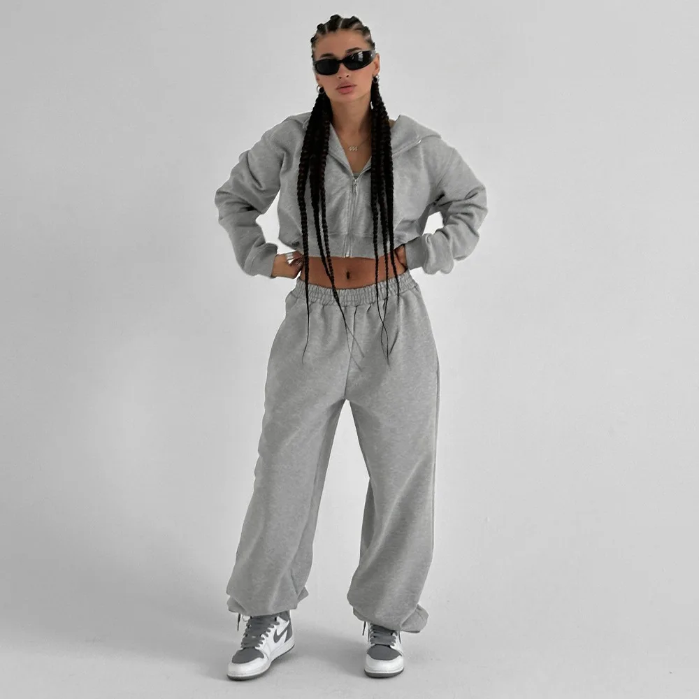 

Простая спортивная куртка для отдыха, комплект с зауженными брюками, комплект из 2 предметов, осенние и зимние толстые флисовые спортивные штаны с капюшоном, женский модный комплект на молнии