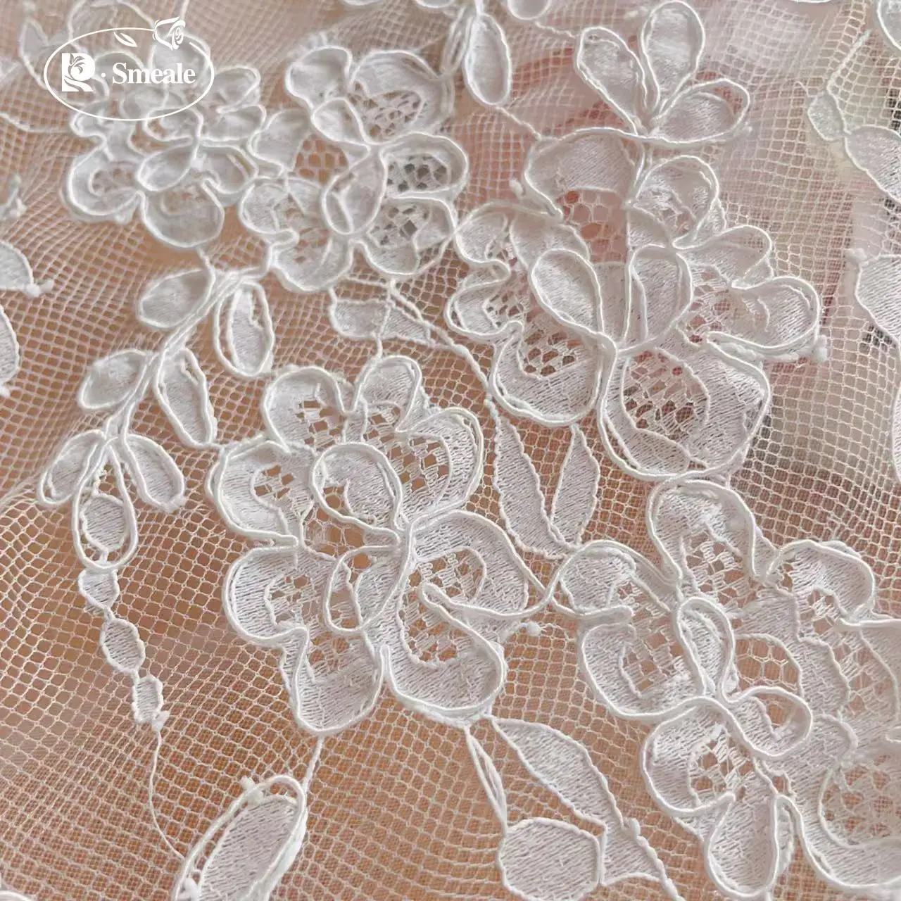 3 x 1,5 m NEUER handgefertigter Kordel-Stickerei-Wimpernspitzenstoff für Hochzeitskleider, DIY-Nähstoff, weißer afrikanischer Stoff als Meterware – Detail 3