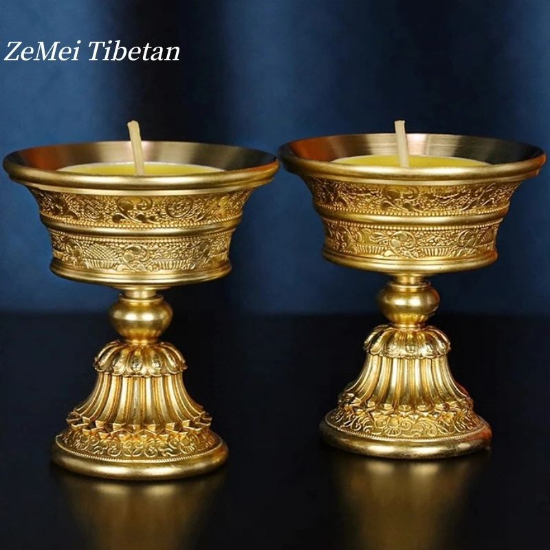 

Tibetan-Style Bronze Butter Lamp Holder,Buddhist Altar Candlestick Cup Engraving Eight Auspicious Inlaid Gem Butter Lamp Base
