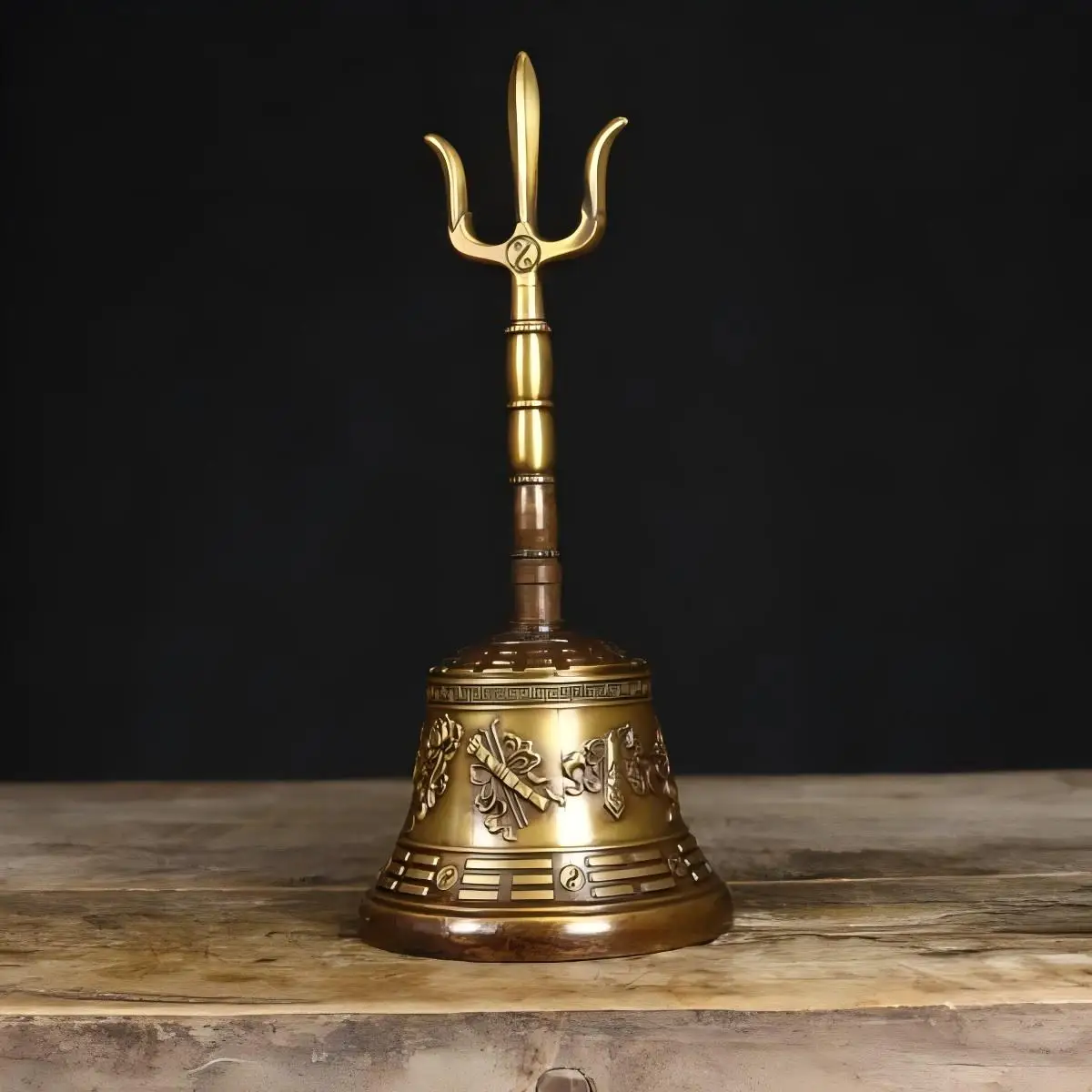Handcrafted Brass Sanqing Bell Eight Trigrams Hand Crank Bell Antique Feng Shui Meditation Ritual Craft Ornament