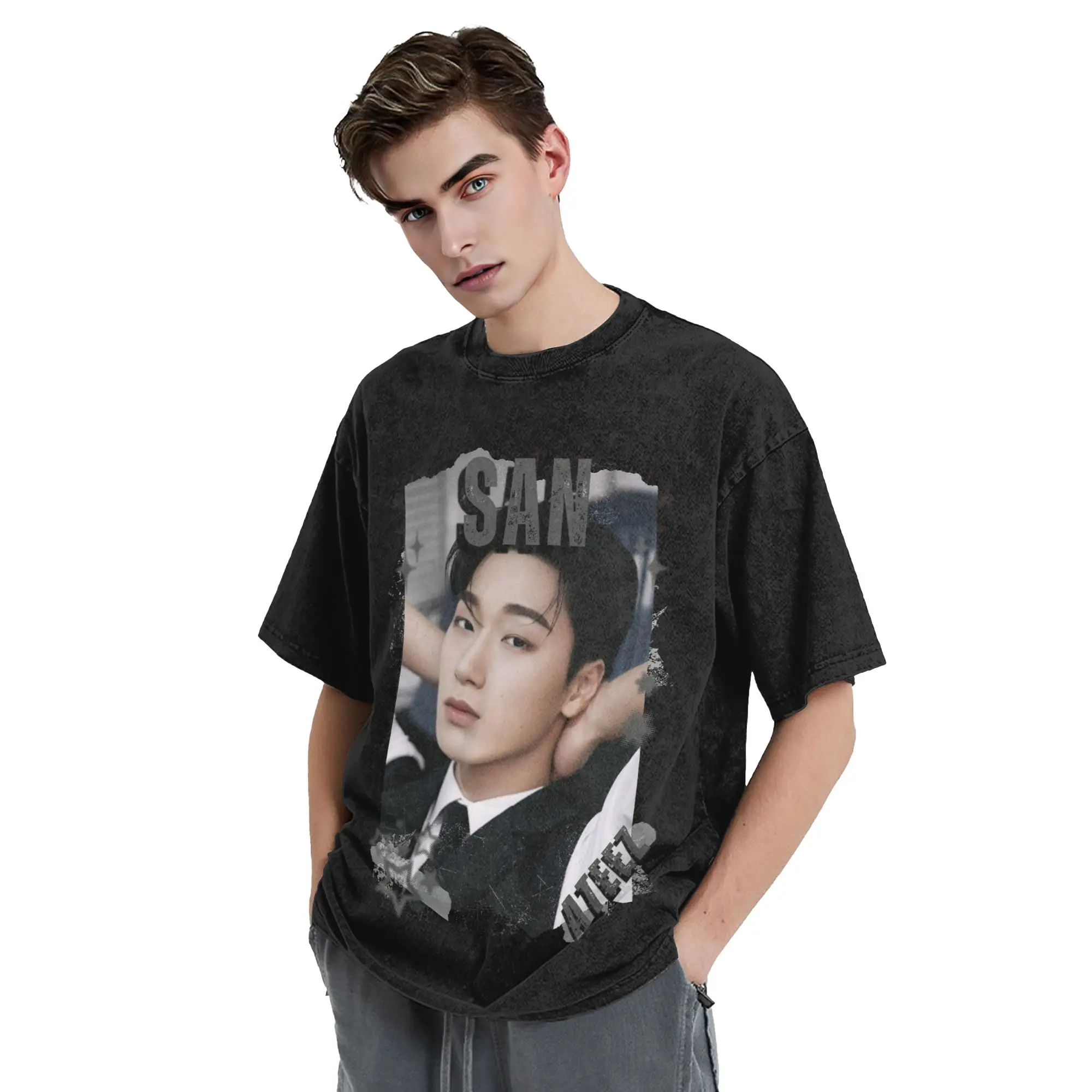 Kpop Boy Group A-Ateez San Washed T Shirts Streetwear  Fashion T-Shirt  Tee Shirt Men Women Short Sleeve Oversize Summer