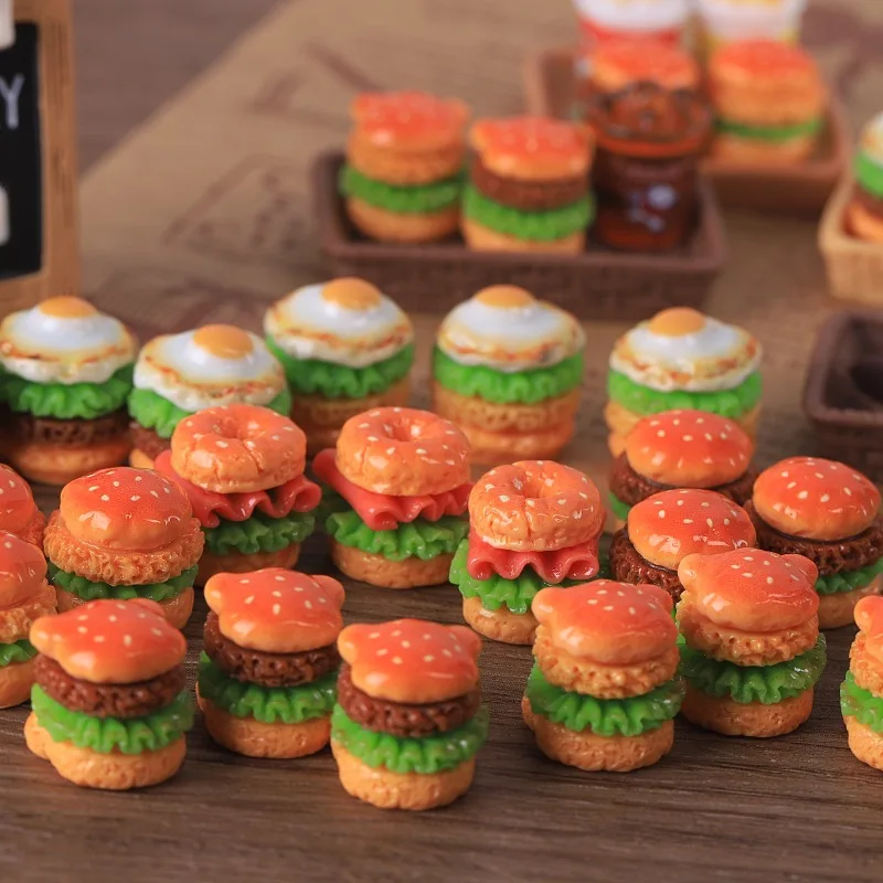 10 Pcs Simulation Miniature Food Toy Egg Beef Burger Resin DIY Keychain Pendant Handmade Material Car