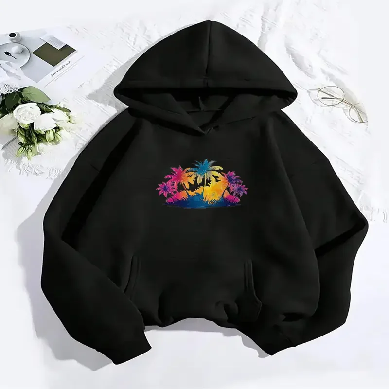 Womens Tropical Print Hoodie Cozy Soft Pullover Loose Fit Casual Wear Palm Tree Floral Design Perfect For Autumn Winter Outdoor