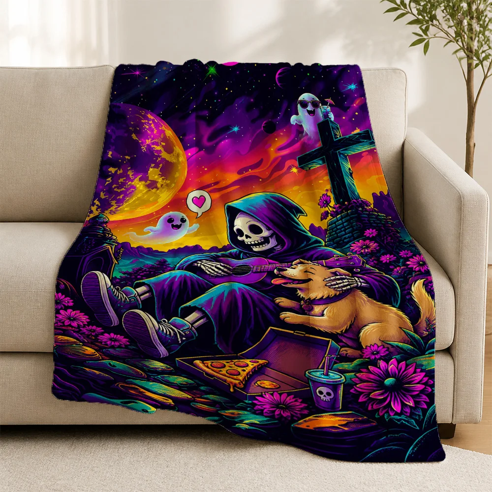 Gothic Halloween Throw Blanket Skeleton Ghost Dog Design Horror Night Home Decor Cozy Fall Season Plush
