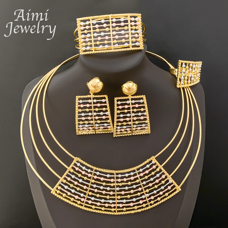 

Классический преувеличенный комплект ювелирных изделий из 4 предметов для женщин, массивное колье, ожерелье, серьги, браслет, кольцо, африканские свадебные подарки для свадебной вечеринки