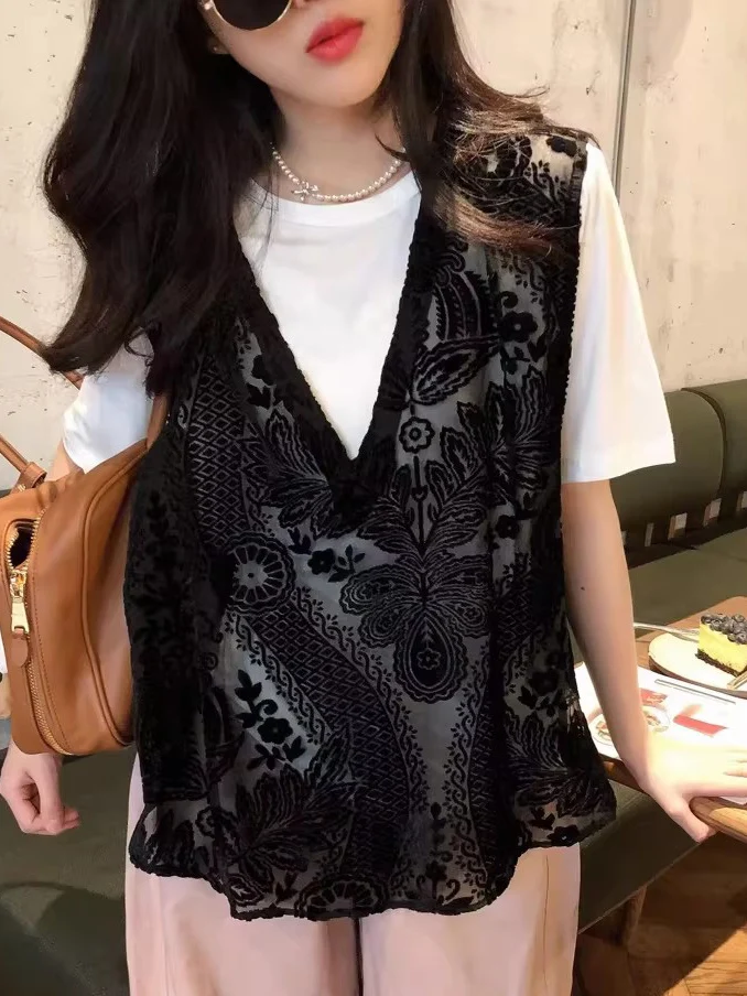 

plus Size Women's Lace Velvet Jacket Short Sleeve T-Shirt Two-Piece Set Summer Casual Loose Fit round Neck Thin Polyester