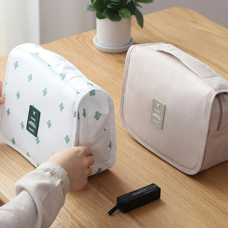 LOERSS Fashion Make Up Bags Portable Large Capacity Cosmetic Bags Solid Color Hook Bag Travel Toiletries Storage Handbags