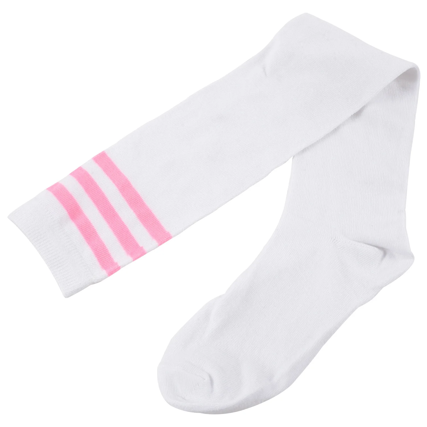 1pair Womens Athlete Thin Stripes Solid Thigh Highs Tights Over Knee Socks White w Pink