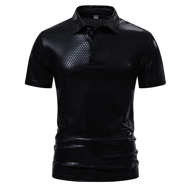 Shiny Silver Fish Scale Pattern Polo Shirts For Men Short Sleeve 70s Disco Nightclub Party Tshirts Hip Hop Hipster Stage Costume