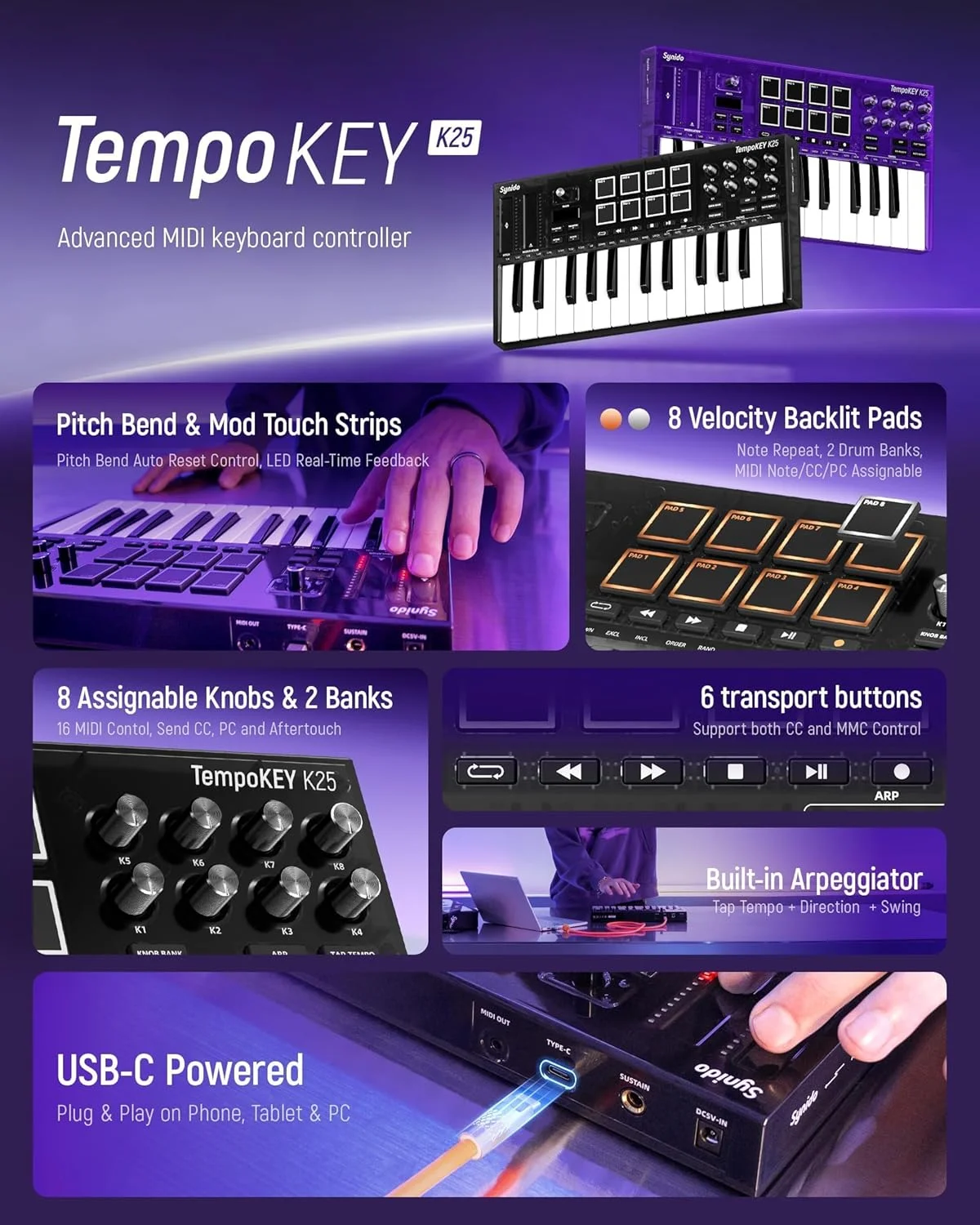 Picture 4: Synido Tempokey K25 USB MIDI Keyboard Controller，Mini Midi Keyboard with OLED Screen ，Beat Maker Machine for Music Production