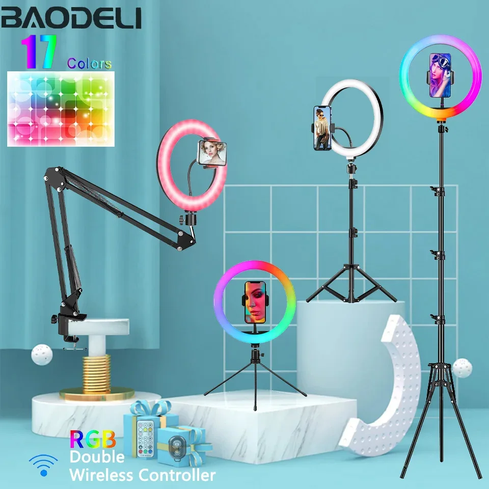 10in RGB Selfie Ring Light Tripod Phone Stand Holder Photography RingLight Circle Fill Light Led Color Lamp Trepied Makeup