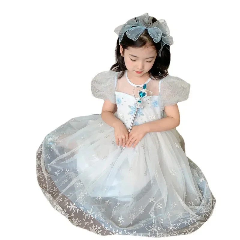 Toddler Baby Girls Ice Blue Dress for Kids Cosplay Princess Vestido Outfit Snow Flakes Cartoon Puff Sleeve Costume