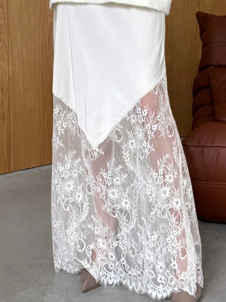 

Blifanbo Lace Patchwork See Through Long Skirt For Women, Autumn Elegant Bodycon Fashion Slim Fit Sexy Female Skirt Streetwear