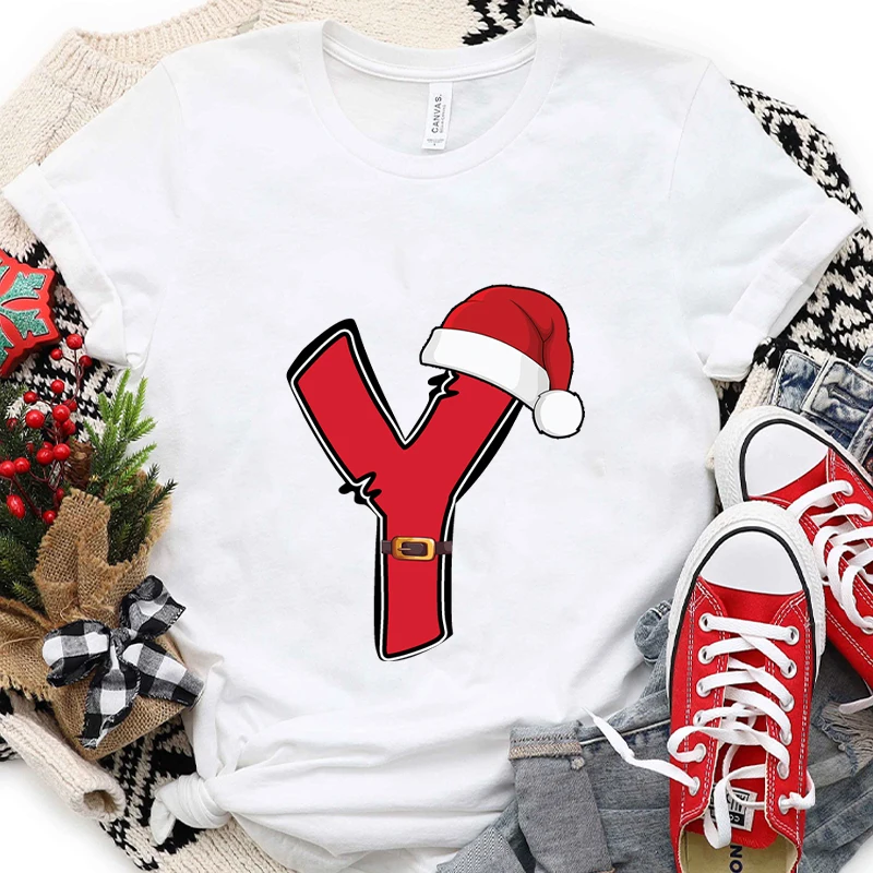 

Женская футболка с рождественским алфавитом A-Z, повседневные уличные праздничные футболки, топы с рисунком Санта-Клауса для рождественской вечеринки для женской одежды