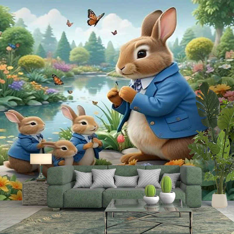1PC Bunny Family Garden Art Print Backdrop Banner, Bedroom Living Room Photo Background, Polyester, Home Decor, Wall Art