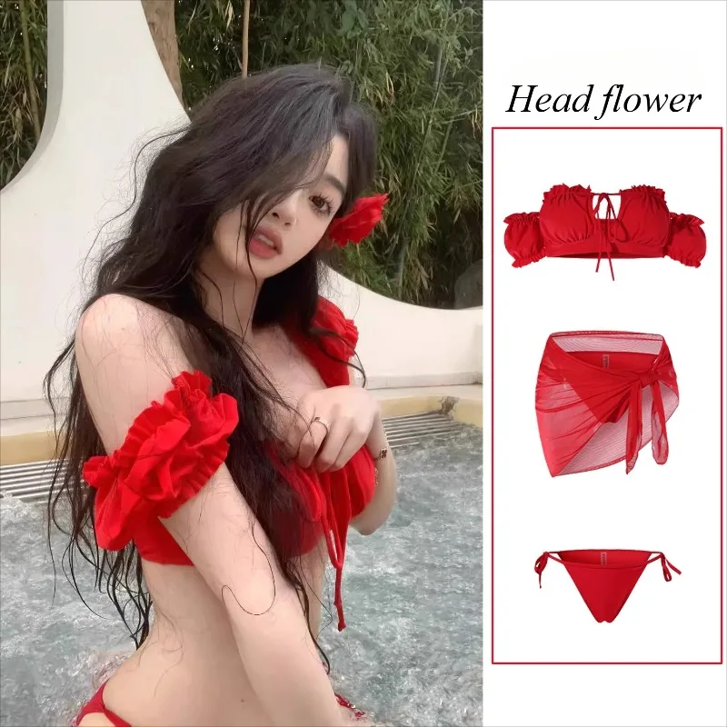 Hot Selling Pure Desire Sexy Red Split Three Piece Set with Small Chest Gathered Bikini Vacation Swimming Hot Spring Swimsuit