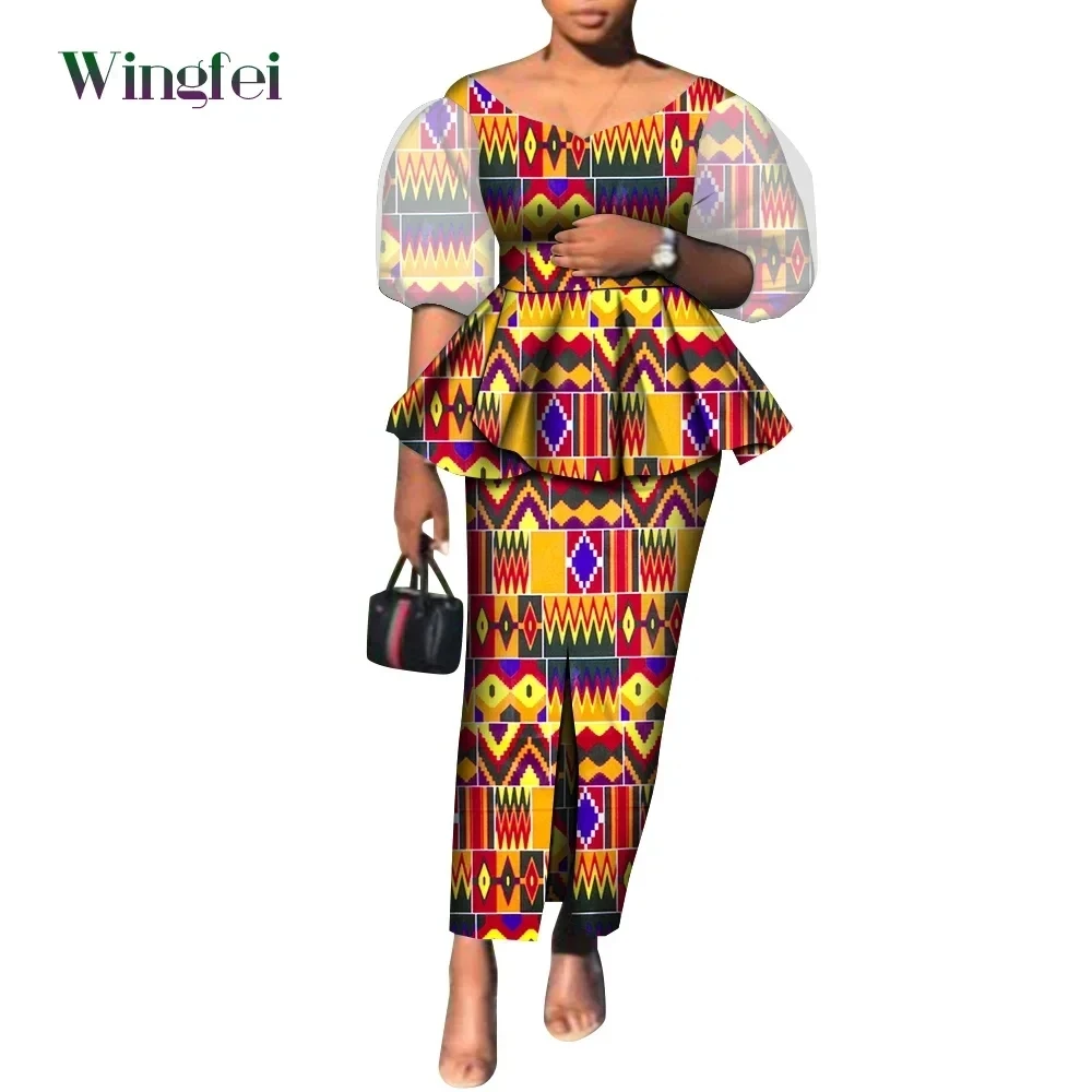 Fashion African Clothes African Print Top and Skirt 2 Piece Sets Dashiki Women Outfit Puff Sleeve African Suits for Women WY9282