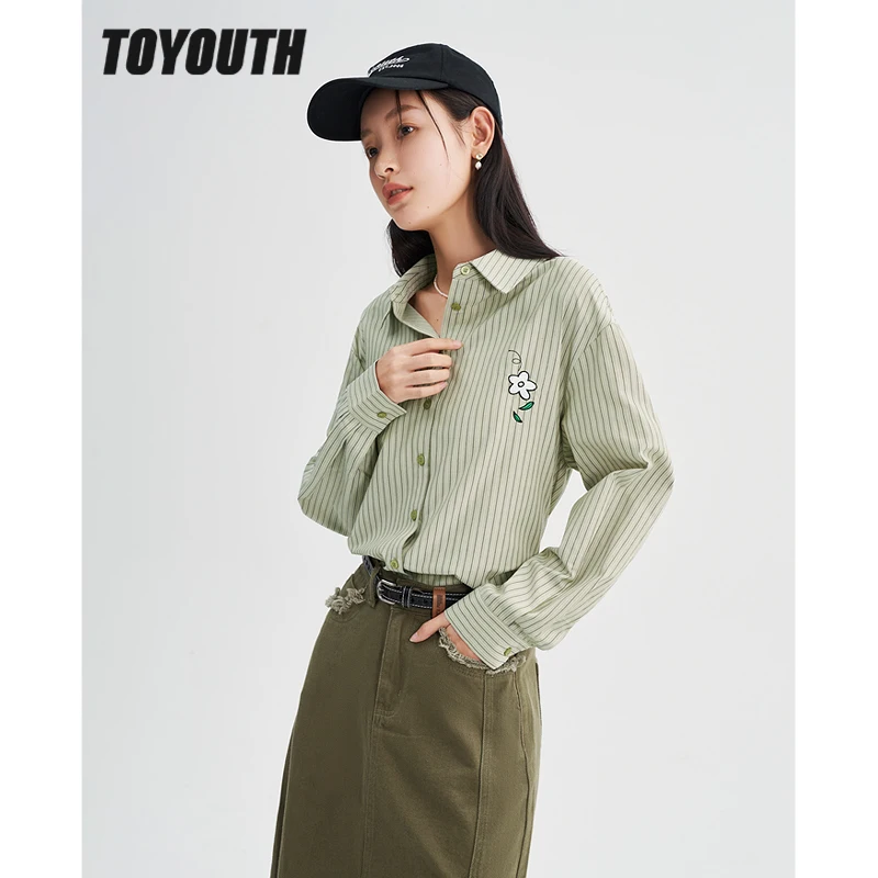 Toyouth Women Shirts 2022 Winter Long Sleeve Polo Neck Loose Blouse Stripes Embroidery Casual Streetwear Tops