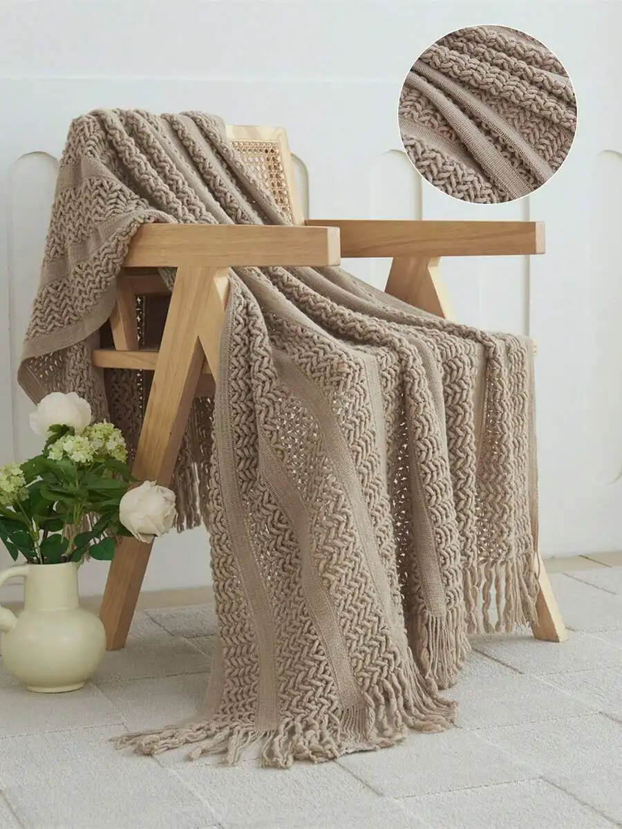 

1pc Chunky Knit Throw Blanket with Tassels, Soft Warm Sofa Cover for Living Room Bedroom