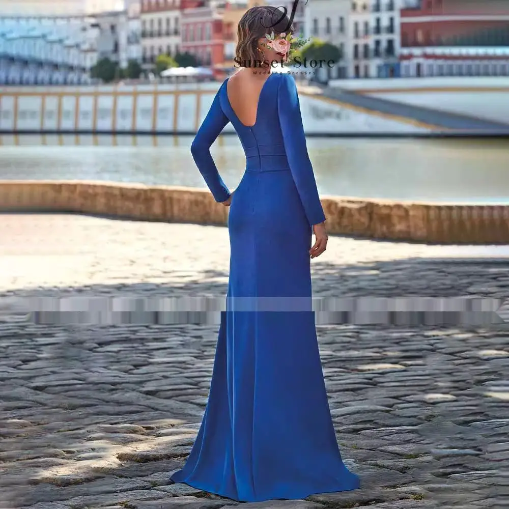 Customized  Blue Wedding Party Dress Long Sleeves Bateau Elegant Mother of the Bride Dresses Mermaid Backless Women's Evening Go