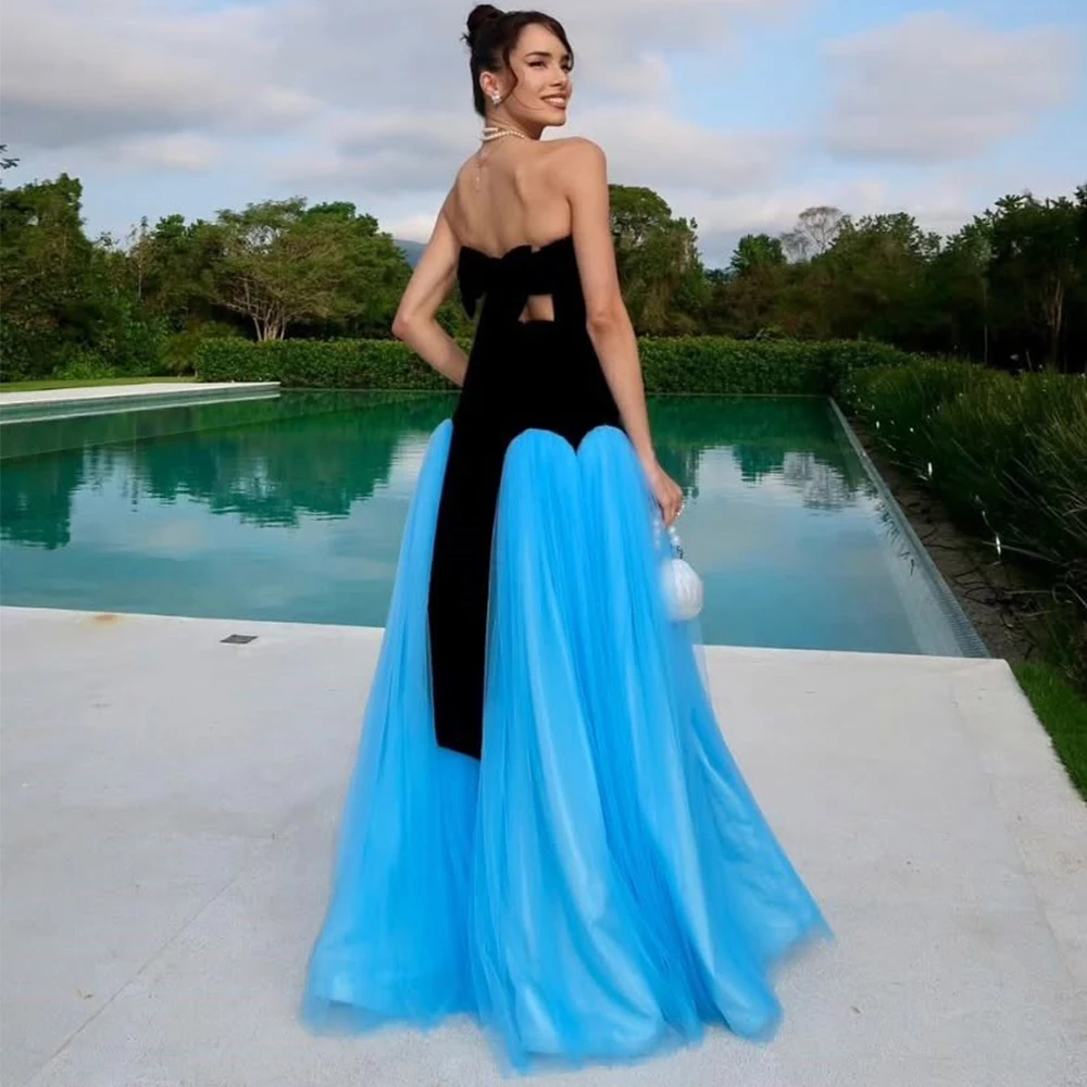 드림 화려한 스트랩리스 이브닝 드레스 클래식 A라인 바닥 길이 벨루어와 튤 여성 공식 행사 맞춤형 가운