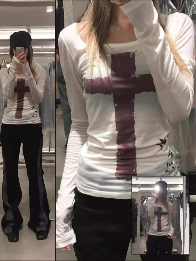 

Autumn Winter New Long Sleeve Tops Mujer Y2k Slim Fit O-neck T-shirt For Women Fashion Vintage Print Bottoming Tee Shirt