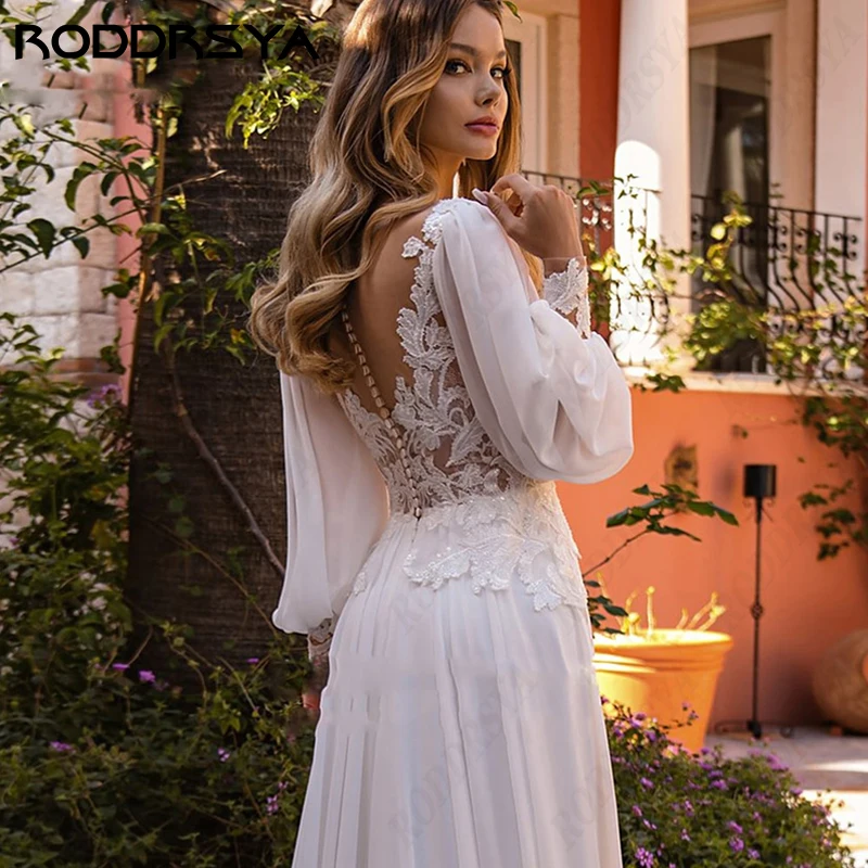 RODDRSYA Retro Chiffon Boho Vestido De Noiva Romântico A linha Longa Fuff Manga Vestido Novia Elegante Civil Scoop-Neck Vestidos De Noiva Retro Chiffon Boho Vestido De Noiva Romântico A linha Longa Fuff Manga Vestido N