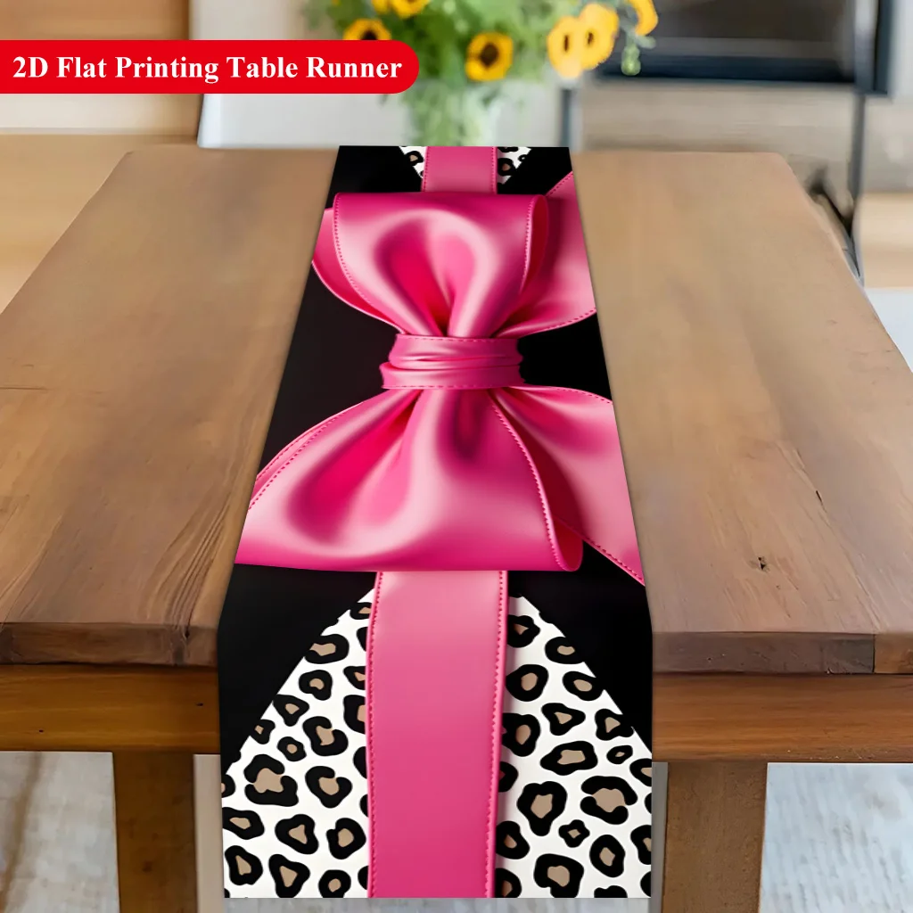 1 Piece Pink Bow and Leopard Print Table Runner, Suitable for Farmhouse, Indoor, Kitchen, Celebrations, Table Decoration, Restaurant, and Banquet Decoration Supplies