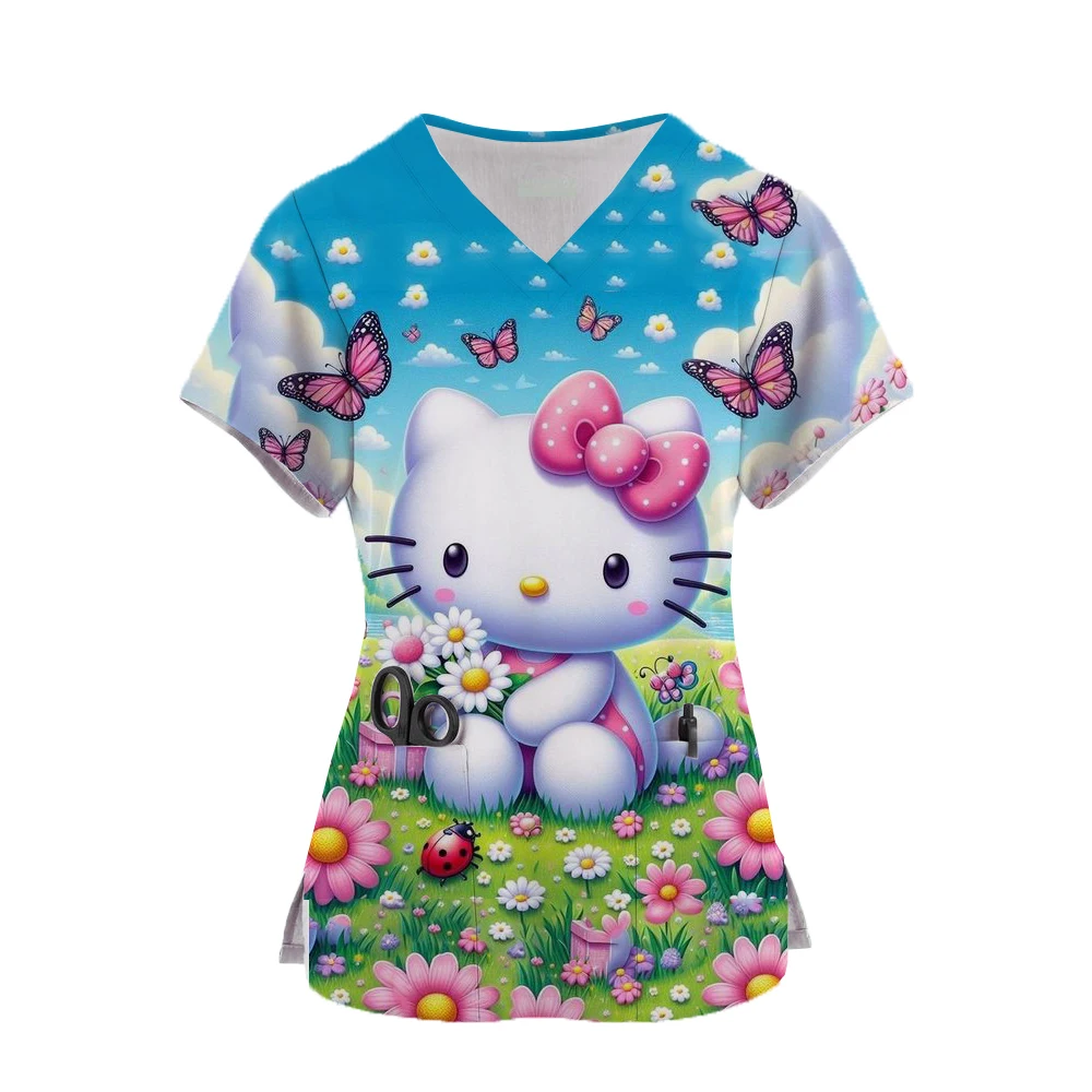 2024 Kawaii Nurse Uniform Scrubs Womens Cartoon Hello Kitty Print Short Sleeve Pocket Overalls Uniforms Medical Nursing Blouse